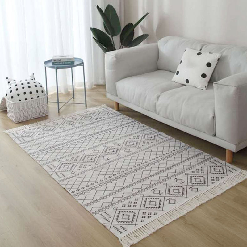 Americana Tribal Muster Teppich Schwarz und Weiß Leinen Teppich Maschinenwaschbar Fransen Bereichsteppich für Schlafzimmer