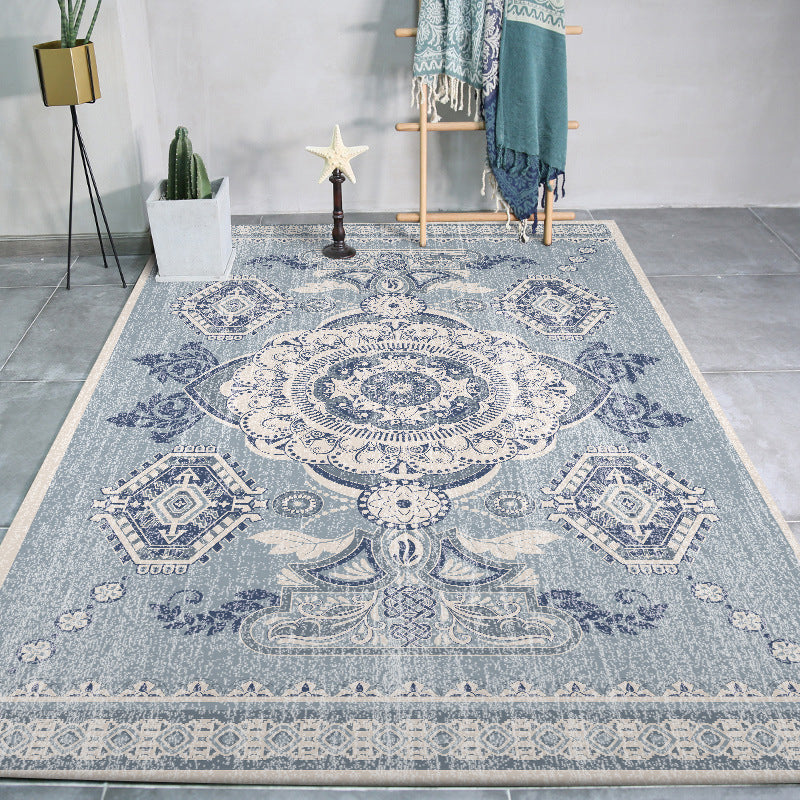Frendorf | Persian Moroccan carpet in blue medallion flower petal pattern carpet polyester non-slip carpet for home decoration