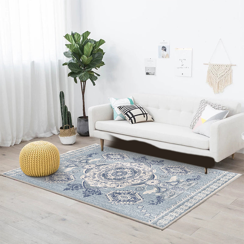 Frendorf | Persian Moroccan carpet in blue medallion flower petal pattern carpet polyester non-slip carpet for home decoration