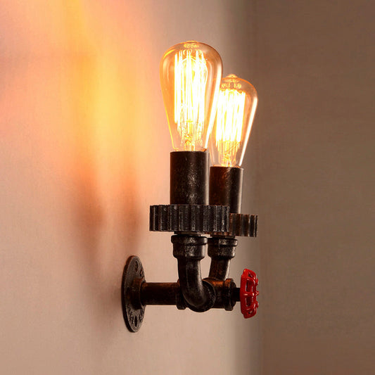 Frendorf | 2 Lichten Wand Scone Licht Vintage Industrieel Kale Gloeilamp IJzeren Wandverlichting met Rode Faucetklep in Donker Roest