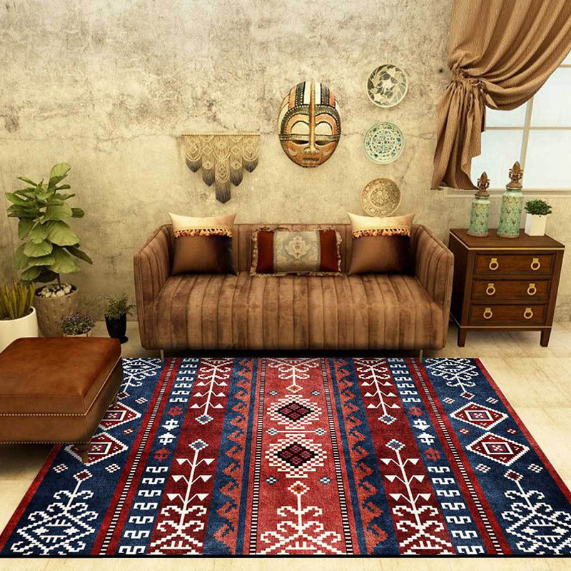 Frendorf | Marin und roter Südwest-Teppich Polyester Tribal Muster Teppich waschbar rutschfester Hintergrund Teppich für Wohnzimmer
