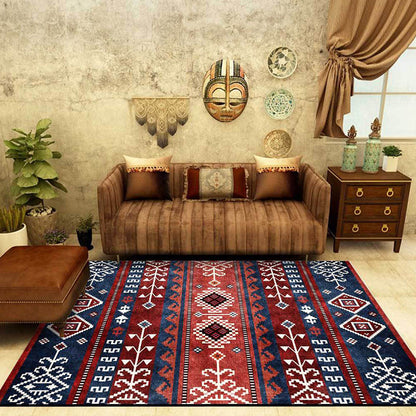 Frendorf | Marin und roter Südwest-Teppich Polyester Tribal Muster Teppich waschbar rutschfester Hintergrund Teppich für Wohnzimmer