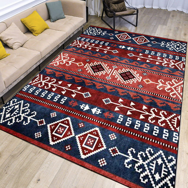 Frendorf | Marin und roter Südwest-Teppich Polyester Tribal Muster Teppich waschbar rutschfester Hintergrund Teppich für Wohnzimmer