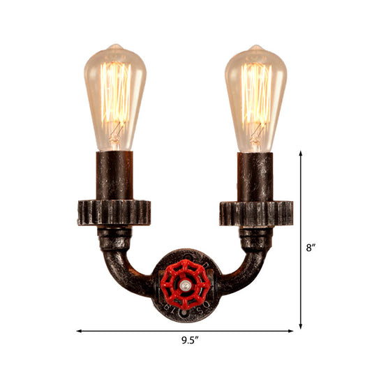 Frendorf | 2 Lichten Wand Scone Licht Vintage Industrieel Kale Gloeilamp IJzeren Wandverlichting met Rode Faucetklep in Donker Roest