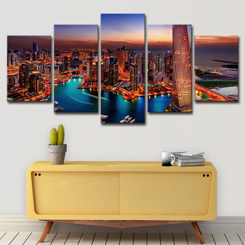 Frendorf | Oranje Dubai Nacht Scene Canvas Multi-Stuk Wereldwijd Geïnspireerde Huiskamer Wandkunst