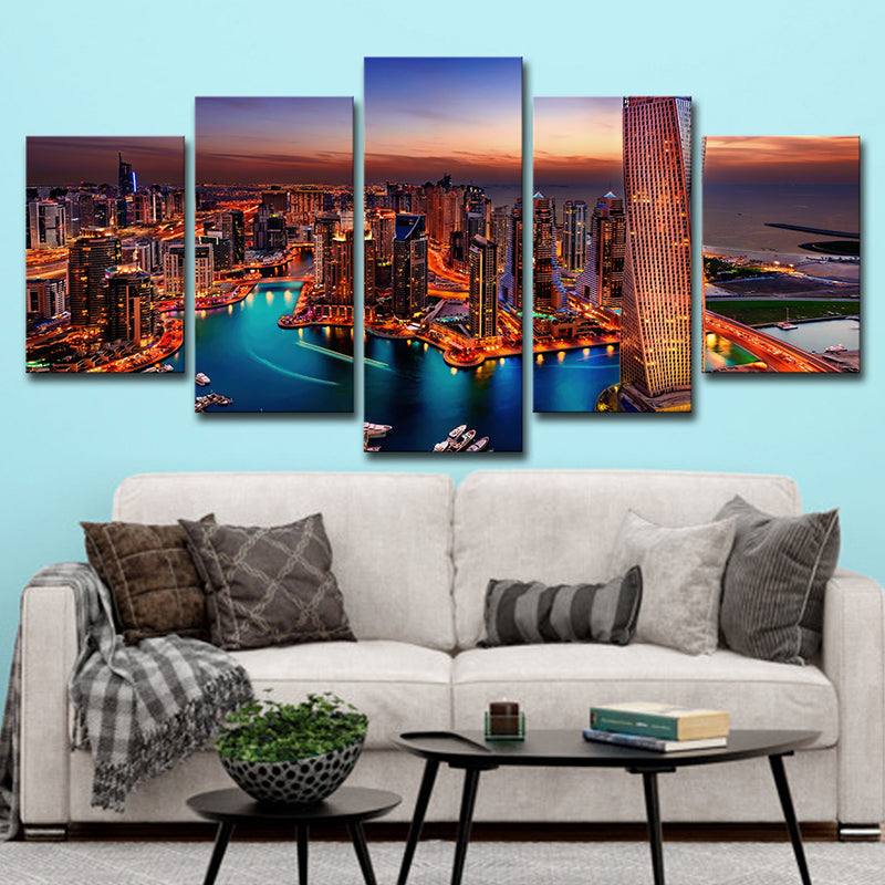 Frendorf | Oranje Dubai Nacht Scene Canvas Multi-Stuk Wereldwijd Geïnspireerde Huiskamer Wandkunst