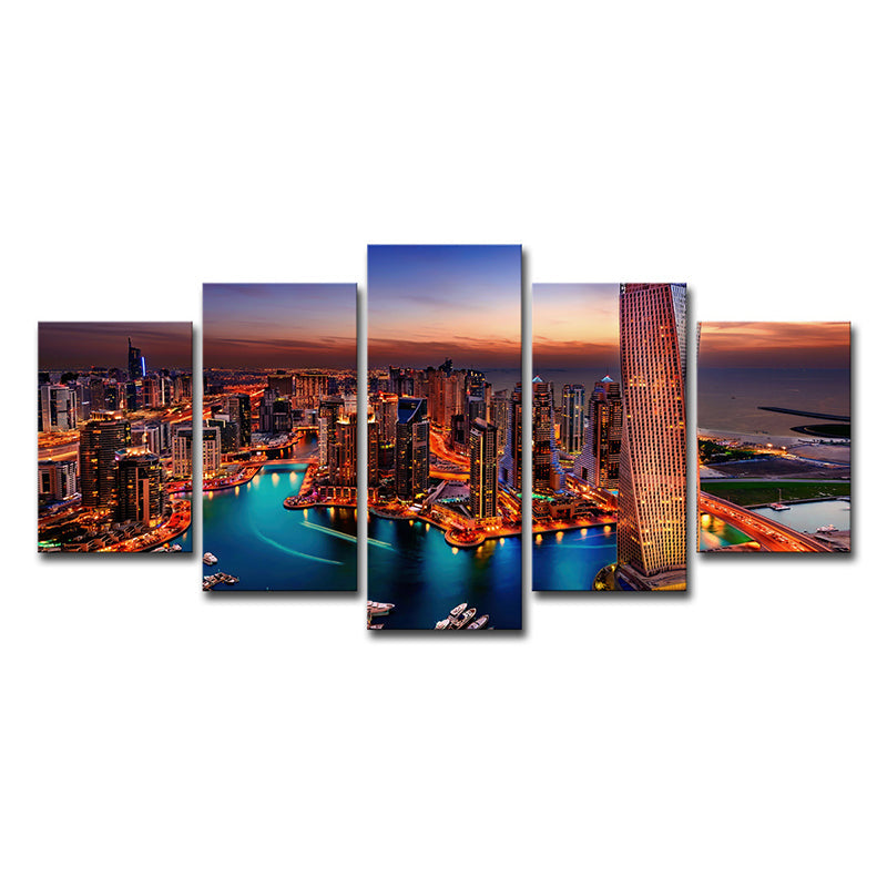 Frendorf | Oranje Dubai Nacht Scene Canvas Multi-Stuk Wereldwijd Geïnspireerde Huiskamer Wandkunst