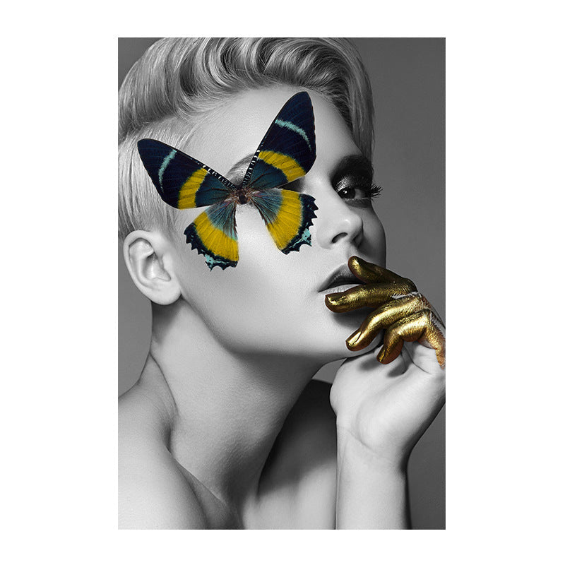 Frendorf | Glam Wandkunst Grau-Gelb Frau mit Schmetterling über dem Auge Leinwand für Mädchen Schlafzimmer