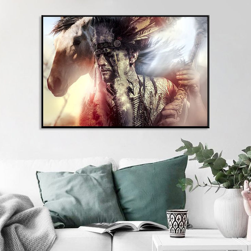 Schwarze zeitgenössische Leinwandkunst Indischer Mann und sein Pferd Wanddeko für das Wohnzimmer