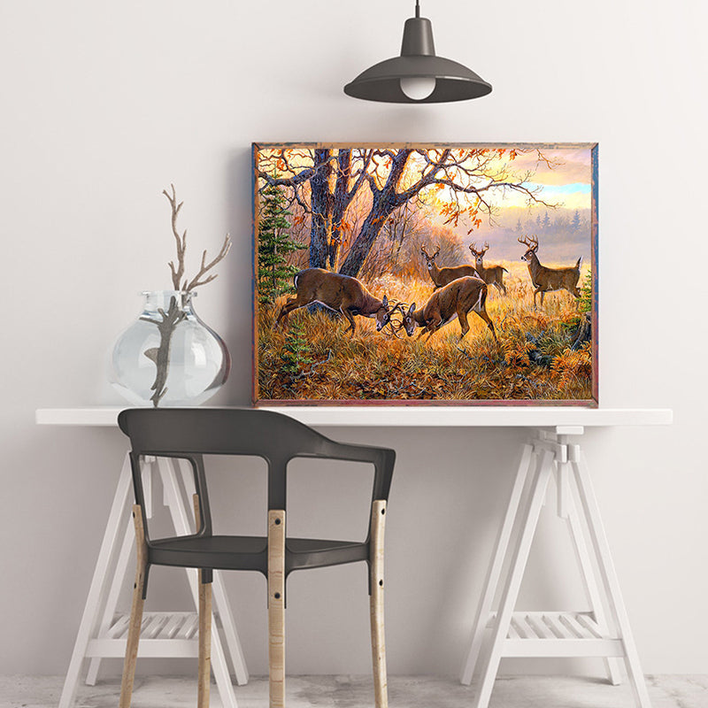 Frendorf | Farmhouse Rehkampf Kunstdruck Gold Wilde Landschaft Dekoration für das Esszimmer