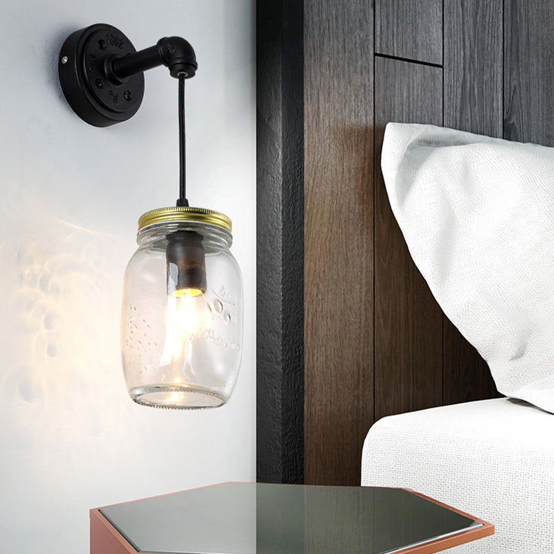 Frendorf | Klar Glas Schwarze Wandlampe Beleuchtung Jar Shade 1-Licht Industrie Licht Fixture für Flur