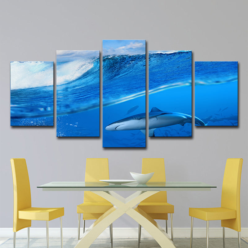Frendorf | Moderne Onderwaterwereld Kunstprint Blauwe School Haaien Gewikkelde Canvas voor Slaapkamer