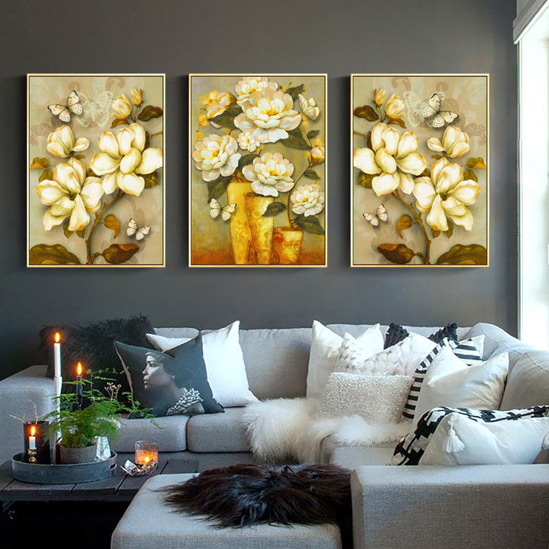 Gold Blooming Flower Print Leinwand Texturiert Französisches Land Wohnzimmer Wandkunst
