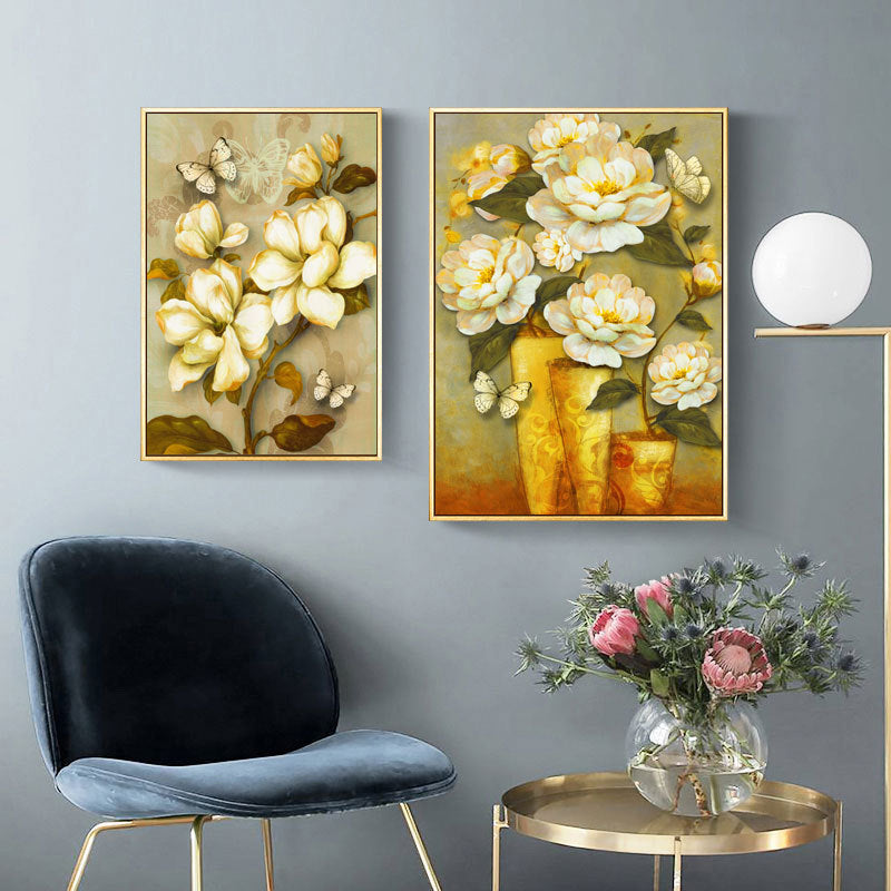 Gold Blooming Flower Print Leinwand Texturiert Französisches Land Wohnzimmer Wandkunst