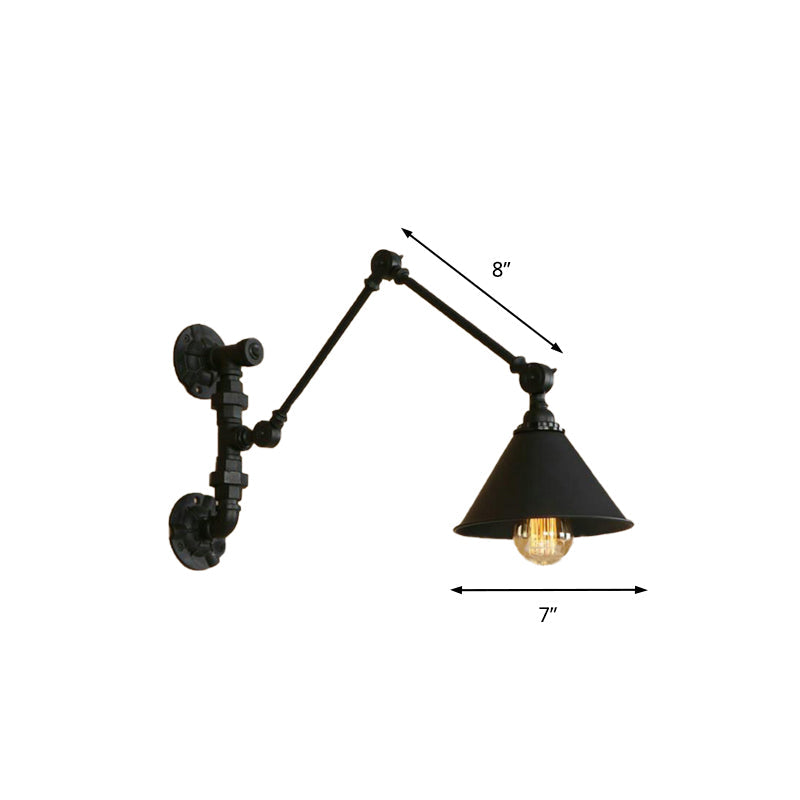 Frendorf | Swing Arm Schlafzimmer Wand Sconce Industrielles Metall 1 Licht Schwarze Wandmontage Lampe mit Kegelshade, 7"/8.5" Breit