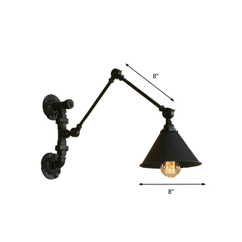 Frendorf | Swing Arm Schlafzimmer Wand Sconce Industrielles Metall 1 Licht Schwarze Wandmontage Lampe mit Kegelshade, 7"/8.5" Breit