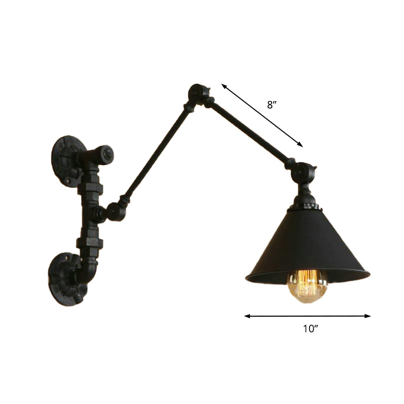 Frendorf | Swing Arm Schlafzimmer Wand Sconce Industrielles Metall 1 Licht Schwarze Wandmontage Lampe mit Kegelshade, 7"/8.5" Breit
