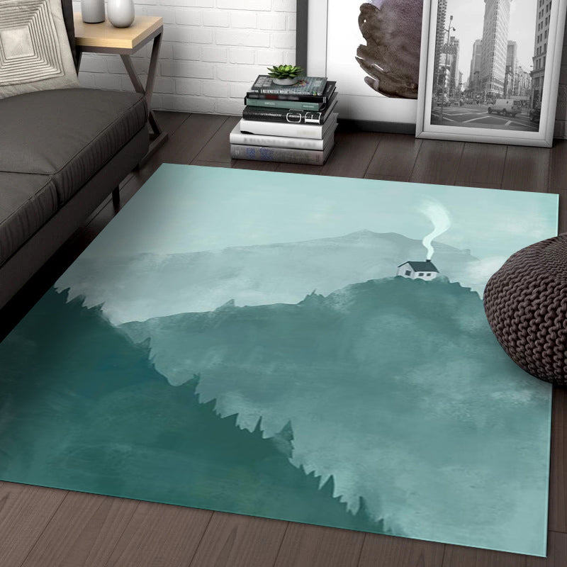 Frendorf | Großer Schlafzimmerteppich Moderner Geographie Berg Haus Muster Teppich Polyester Anti-Rutsch Rücken Teppich