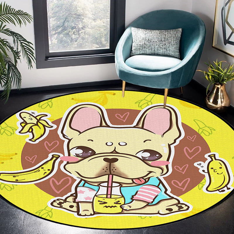 Frendorf | Schöner Kinderteppich in Pink und Gelb Tier Hund Banane Ballon Muster Teppich Polyester Waschbar Teppich für das Kinderzimmer