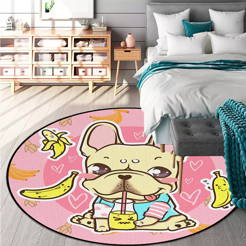 Frendorf | Schöner Kinderteppich in Pink und Gelb Tier Hund Banane Ballon Muster Teppich Polyester Waschbar Teppich für das Kinderzimmer