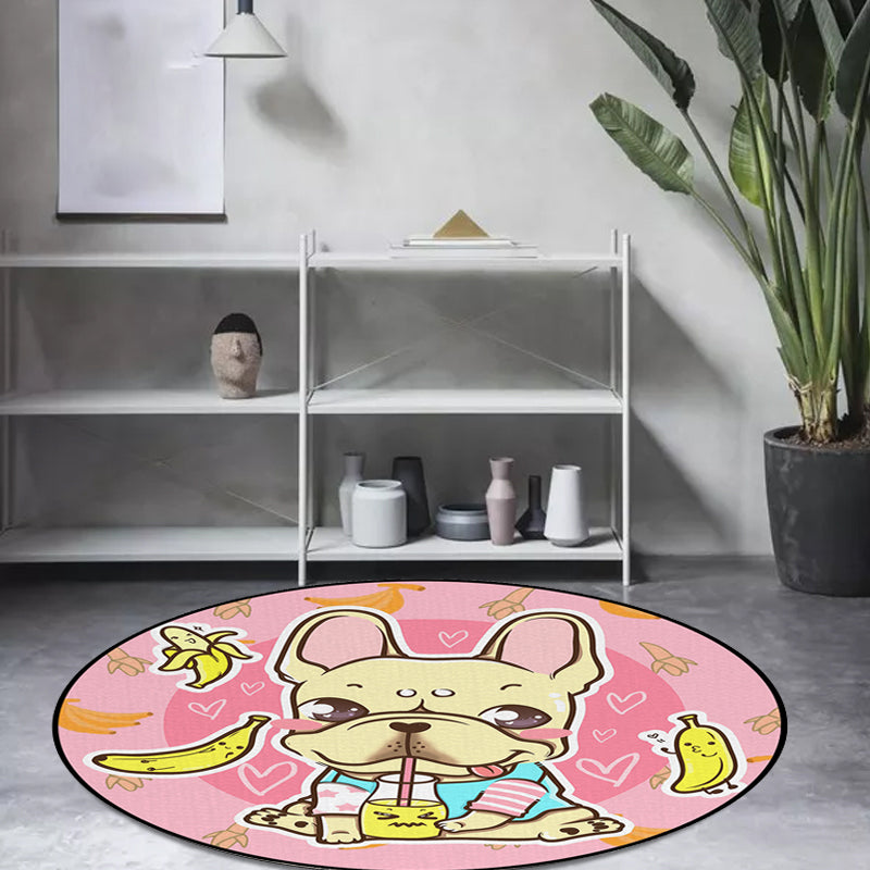 Frendorf | Schöner Kinderteppich in Pink und Gelb Tier Hund Banane Ballon Muster Teppich Polyester Waschbar Teppich für das Kinderzimmer