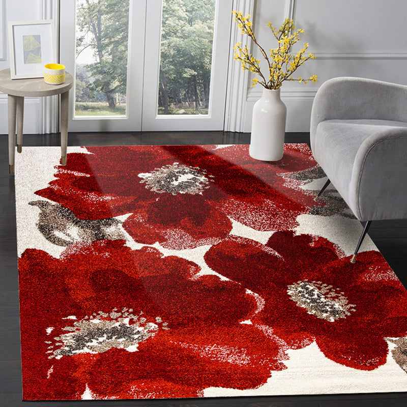 Roter Französischer Landteppich Polyester Blütenmuster Teppich Waschbar Rutschfeste Rückseite Teppich für das Wohnzimmer