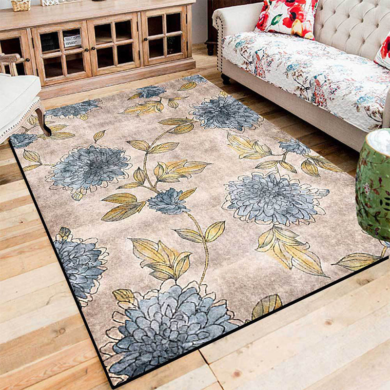Frendorf | Frans Landhaus Blumenmuster Teppich mit Blatt Hellbraun und Blau Polyester Teppich Maschinenwaschbar Rutschfeste Läufer für Schlafzimmer