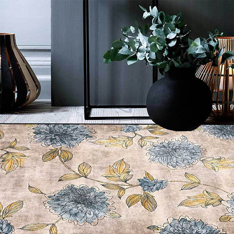 Frendorf | Frans Landhaus Blumenmuster Teppich mit Blatt Hellbraun und Blau Polyester Teppich Maschinenwaschbar Rutschfeste Läufer für Schlafzimmer