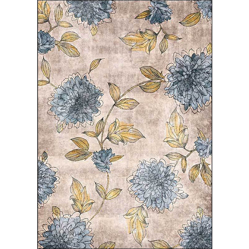 Frendorf | Frans Landhaus Blumenmuster Teppich mit Blatt Hellbraun und Blau Polyester Teppich Maschinenwaschbar Rutschfeste Läufer für Schlafzimmer