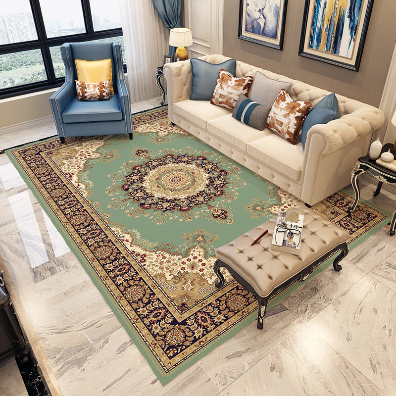 Frendorf | Blau und grauer Schlafzimmerteppich Marokkanisches Medaillon Blumenmuster Bereichsteppich Polyester Rutschfest Waschbarer Teppich