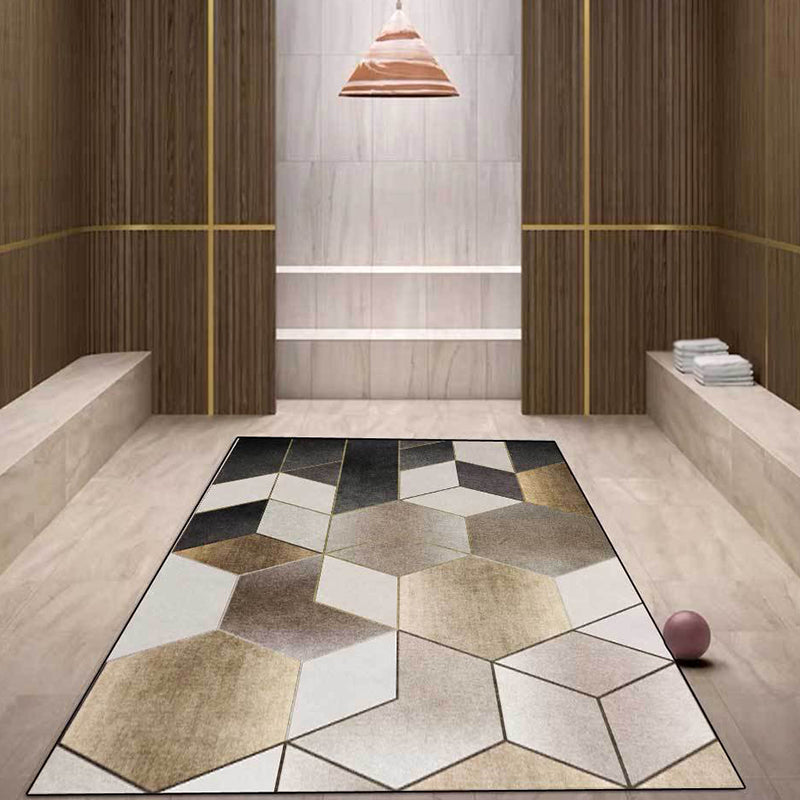 Frendorf | Braun und schwarzer Schlafzimmerteppich moderne Geometrie Sechseck Dreieck Muster Teppich Polyester waschbarer Teppich