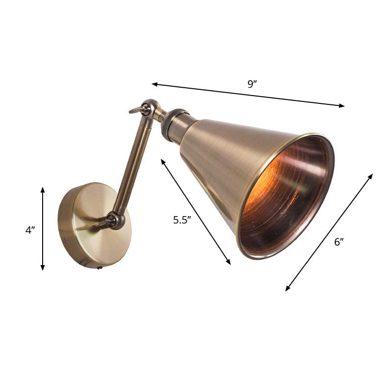 Frendorf | Metallisch geb brushed Messing Wand sconce konisch Einzelkopf Vintage Wand montieren Beleuchtung mit verstellbarem Arm