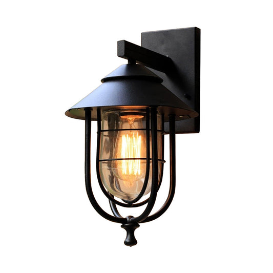 Frendorf | Laterne-förmige Balkon-Wandlampe Lager Metall 1 Kopf Wettergegerbtes Kupfer/schwarz Wandbeleuchtungseinheit mit ovalem klarem Glasschirm