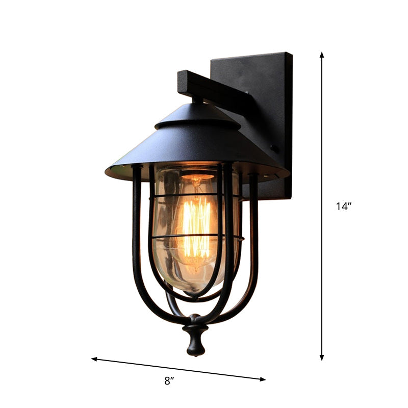 Frendorf | Laterne-förmige Balkon-Wandlampe Lager Metall 1 Kopf Wettergegerbtes Kupfer/schwarz Wandbeleuchtungseinheit mit ovalem klarem Glasschirm