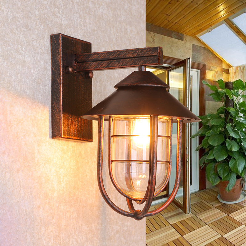 Frendorf | Laterne-förmige Balkon-Wandlampe Lager Metall 1 Kopf Wettergegerbtes Kupfer/schwarz Wandbeleuchtungseinheit mit ovalem klarem Glasschirm