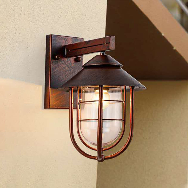 Frendorf | Laterne-förmige Balkon-Wandlampe Lager Metall 1 Kopf Wettergegerbtes Kupfer/schwarz Wandbeleuchtungseinheit mit ovalem klarem Glasschirm