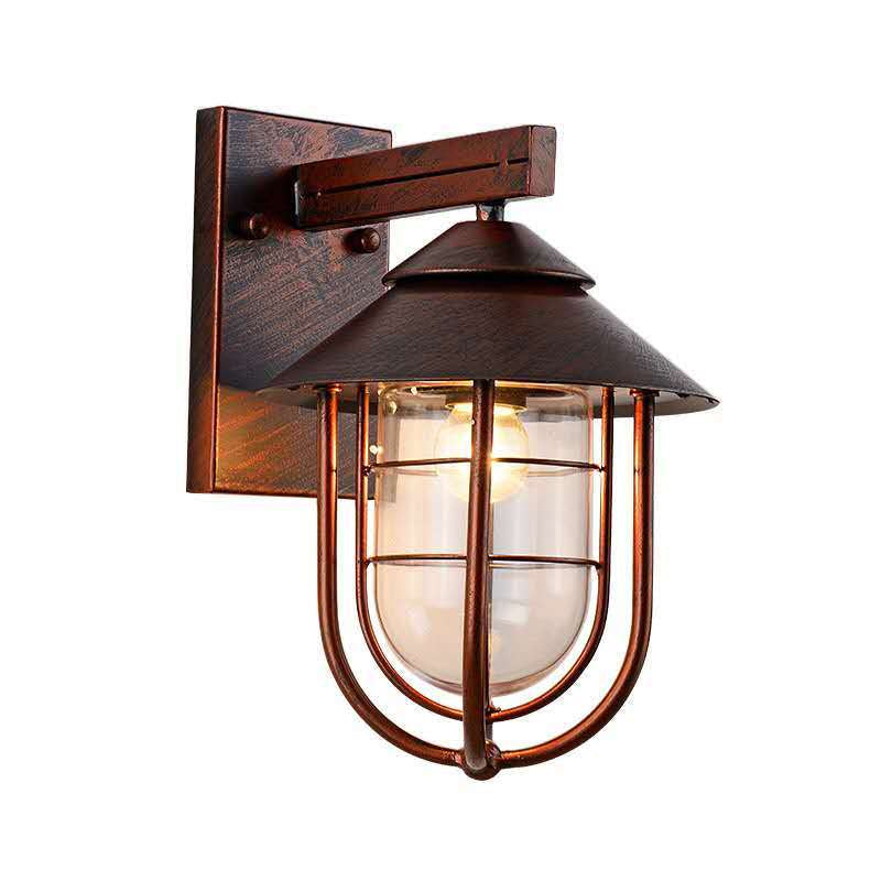 Frendorf | Laterne-förmige Balkon-Wandlampe Lager Metall 1 Kopf Wettergegerbtes Kupfer/schwarz Wandbeleuchtungseinheit mit ovalem klarem Glasschirm