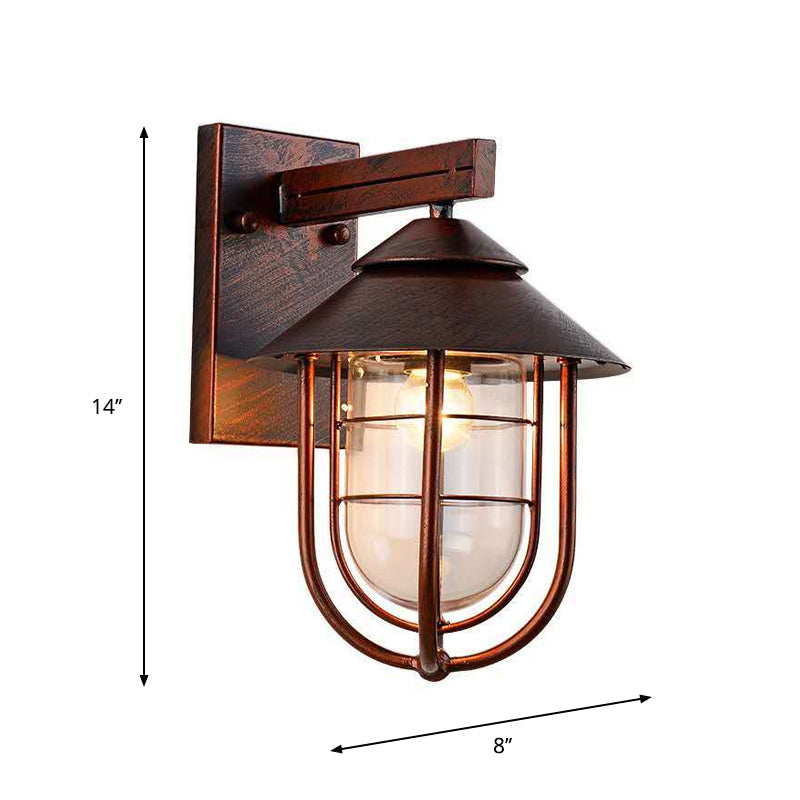 Frendorf | Laterne-förmige Balkon-Wandlampe Lager Metall 1 Kopf Wettergegerbtes Kupfer/schwarz Wandbeleuchtungseinheit mit ovalem klarem Glasschirm