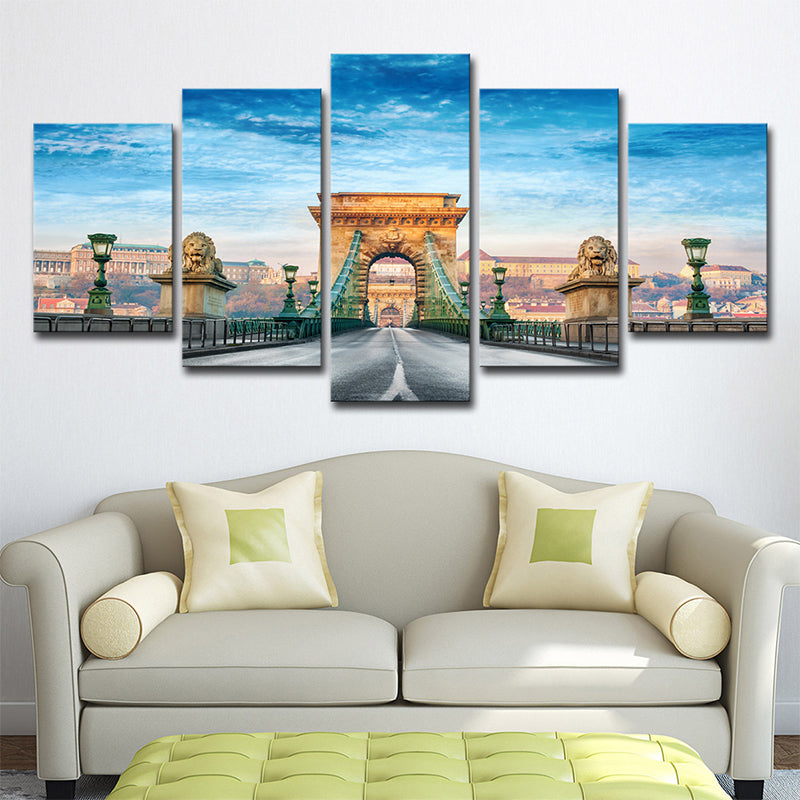 Frendorf | Modern Budapest Kettenbrücke Leinwand Blau Multi-Stück Wandkunst für das Wohnzimmer