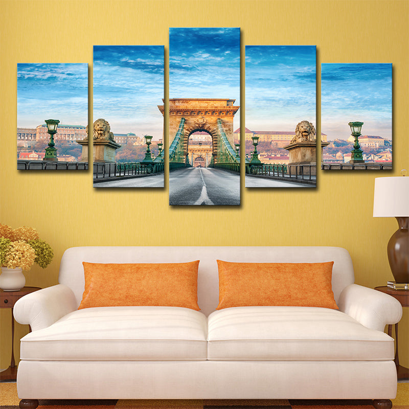 Frendorf | Modern Budapest Kettenbrücke Leinwand Blau Multi-Stück Wandkunst für das Wohnzimmer