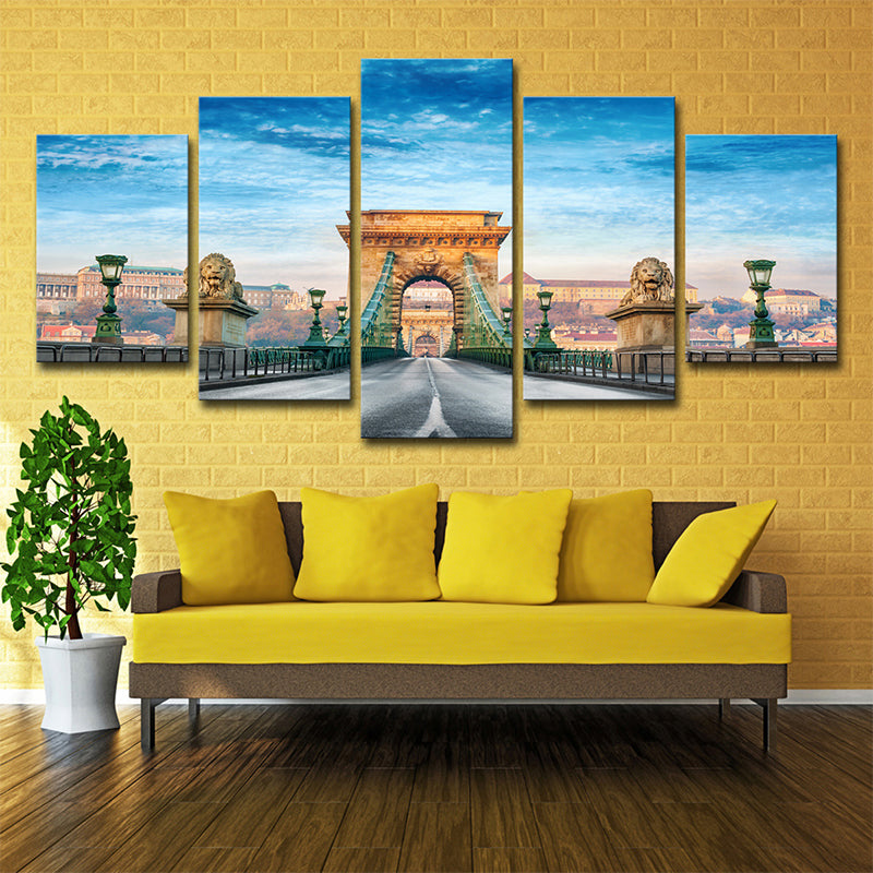 Frendorf | Modern Budapest Kettenbrücke Leinwand Blau Multi-Stück Wandkunst für das Wohnzimmer