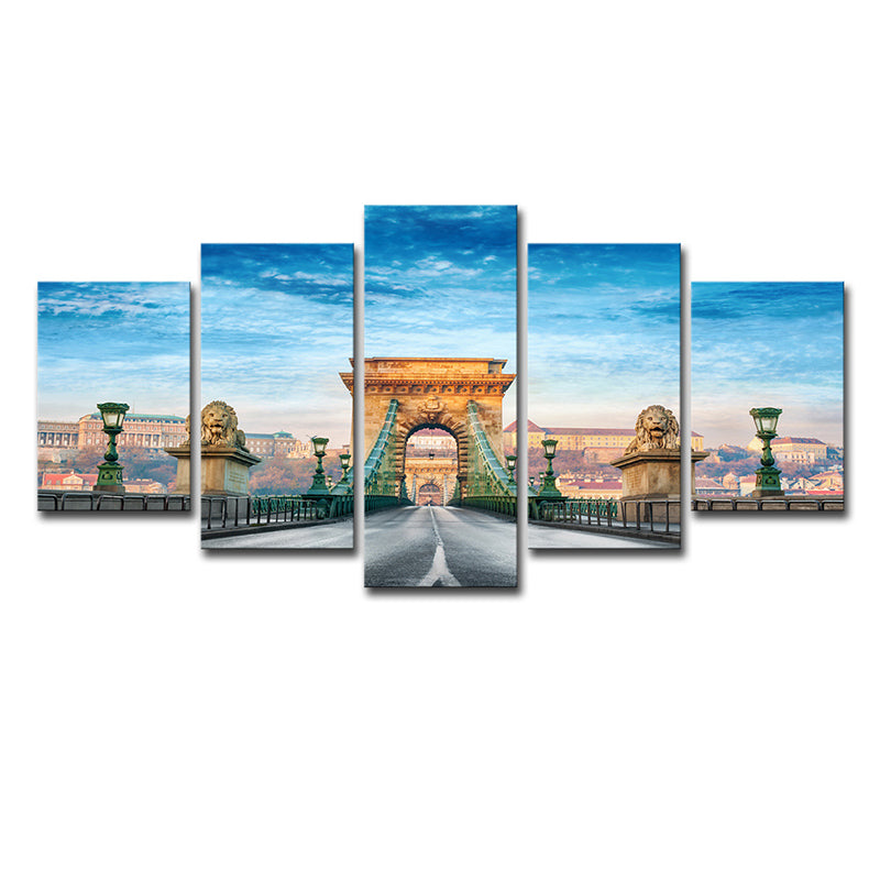 Frendorf | Modern Budapest Kettenbrücke Leinwand Blau Multi-Stück Wandkunst für das Wohnzimmer