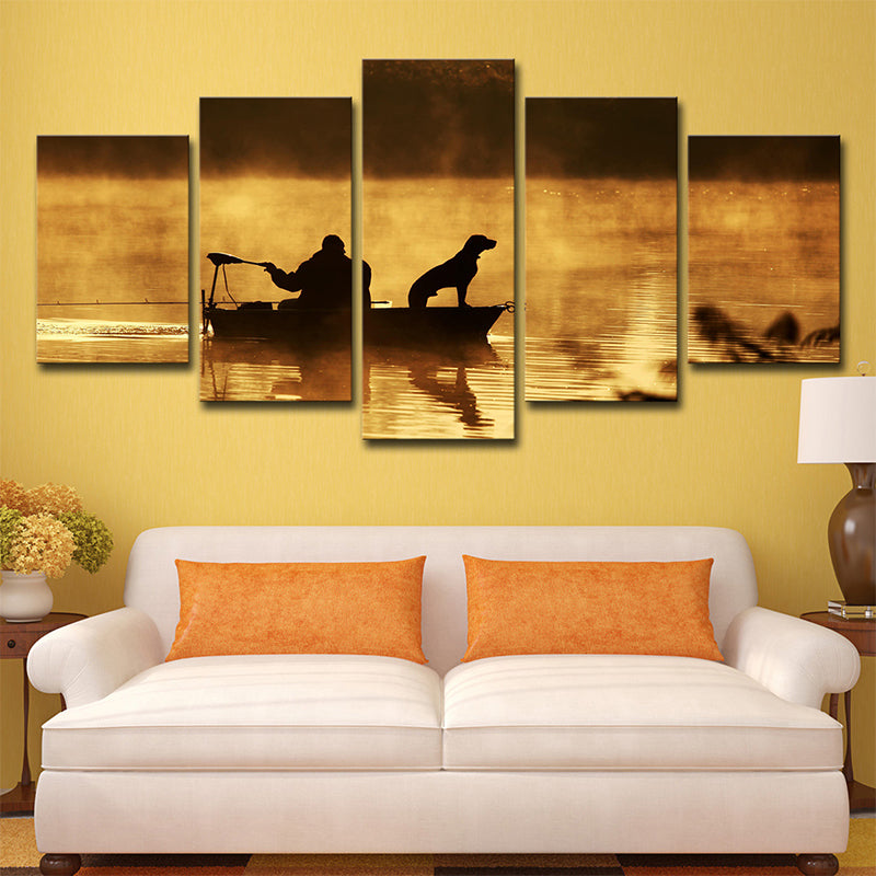 Fischer und sein Hund Leinwanddruck Braun Modern Stil Wandkunst Dekor für das Wohnzimmer