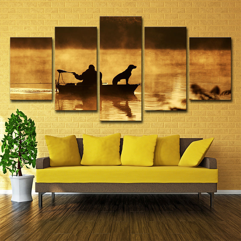 Fischer und sein Hund Leinwanddruck Braun Modern Stil Wandkunst Dekor für das Wohnzimmer