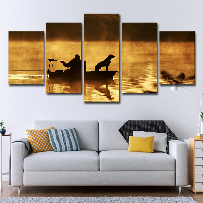 Fischer und sein Hund Leinwanddruck Braun Modern Stil Wandkunst Dekor für das Wohnzimmer