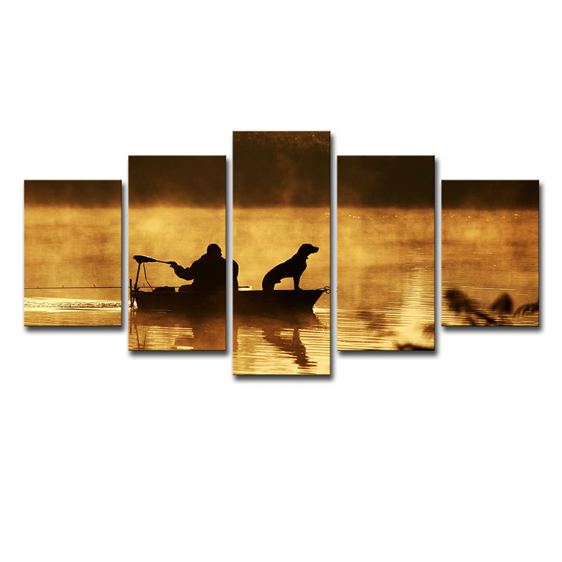 Fischer und sein Hund Leinwanddruck Braun Modern Stil Wandkunst Dekor für das Wohnzimmer