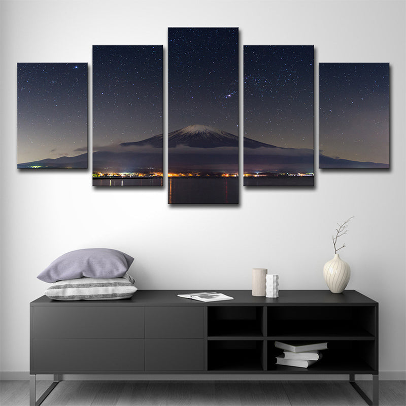 Mount Fuji Sternen Nacht Wanddekor in schwarzer Leinwand Gemachte Wandkunst für Raum, Mehrteilige