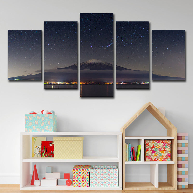 Mount Fuji Sternen Nacht Wanddekor in schwarzer Leinwand Gemachte Wandkunst für Raum, Mehrteilige