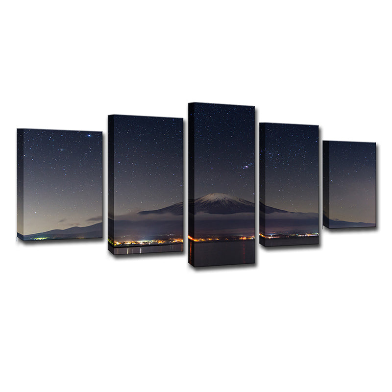 Mount Fuji Sternen Nacht Wanddekor in schwarzer Leinwand Gemachte Wandkunst für Raum, Mehrteilige
