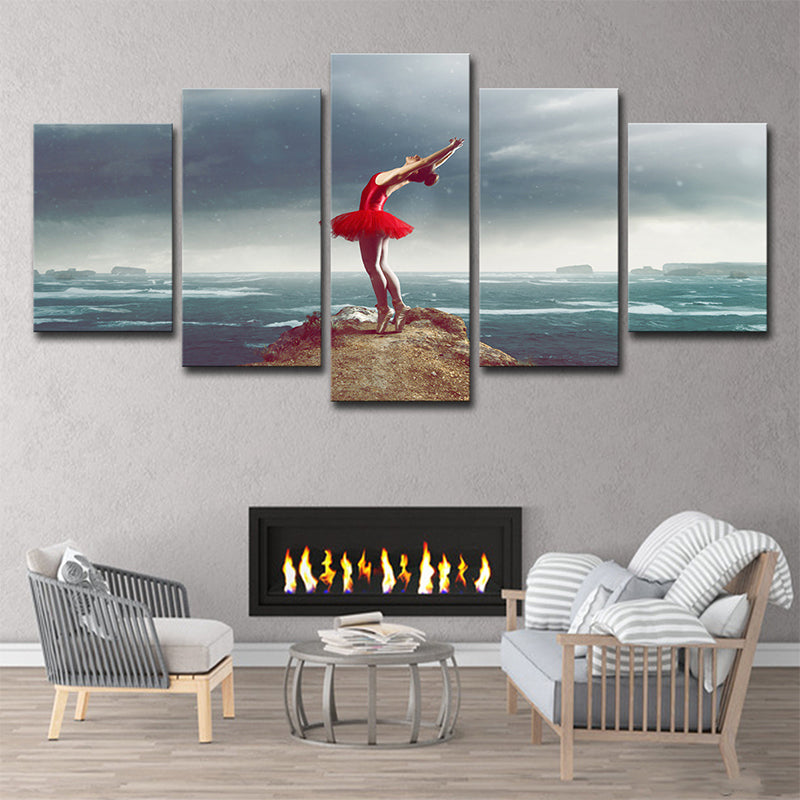 Frendorf | Glam Ballerina Wandkunst Blau und Rot Ozean Insel Landschaft Leinwand für Wohnzimmer